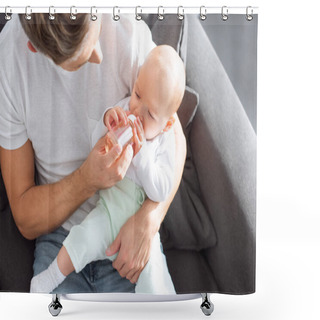 Personality  Father Sitting On Couch And Feeding Baby Daughter From Bottle At Home Shower Curtains