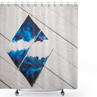 Personality  High Angle View Of Paper With Japanese Painting With Bright Blue Watercolor On Wooden Background Shower Curtains