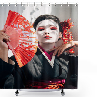 Personality  Portrait Of Beautiful Geisha With Red And White Makeup Holding Hand Fan And Gesturing In Sunlight Shower Curtains