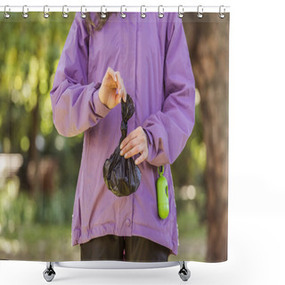 Personality  Cropped Shot Of Young Woman Holding Trash Bag While Cleaning After Pet In Park Shower Curtains