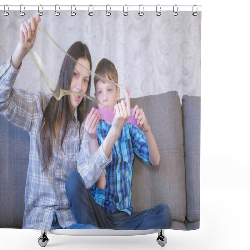 Personality  Mom And Son Are Playing With Slime Sitting On The Sofa. Looking Through The Slime. Shower Curtains