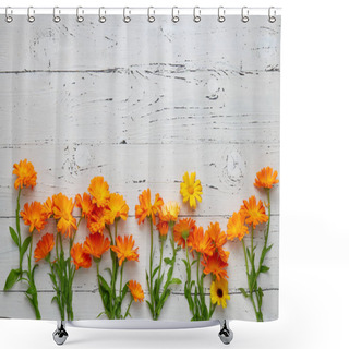 Personality  Pot Marigold Flowers On White Wooden Table Shower Curtains