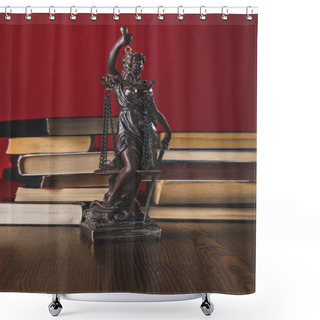 Personality  Statue Lady Justice On Wooden Table With Books, Law Concept Shower Curtains