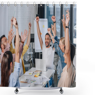 Personality  Happy Businesspeople Sitting With Raised Hands During Meeting In Office Shower Curtains