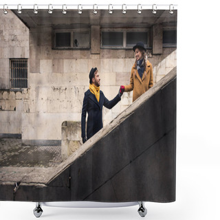Personality  Young Couple In Autumn Outfit Holding Hands And Looking At Each Other On Stairs Shower Curtains