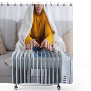 Personality  Cropped View Of Young Man Covered In Blanket Sitting On Sofa And Warming Up Near Radiator Heater In Winter  Shower Curtains