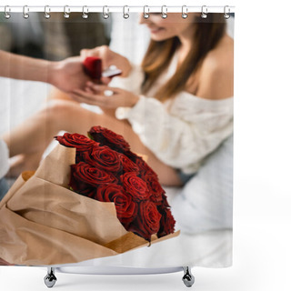 Personality  Cropped View Of Man With Bouquet Doing Marriage Proposal To Smiling Woman  Shower Curtains