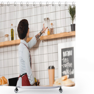 Personality  Barista Taking Glass Jar From Wooden Shelf In Coffee Shop Shower Curtains