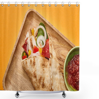 Personality  Top View Of Fresh Burrito With Chicken And Vegetables On Board Near Chili Sauce On Orange Background Shower Curtains