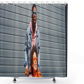 Personality  Excited Young African American Man In Sunglasses And Denim Jacket Standing Near Positive Best Friend Sitting In Shopping Cart And Building At Background, Friends Hanging Out Together, Banner  Shower Curtains