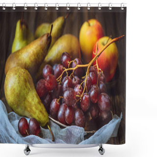 Personality  Close-up Shot Of Juicy Grapes With Pears And Apples On Cheesecloth Shower Curtains
