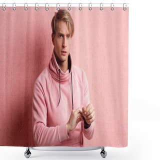 Personality  Friendly Blond Student Guy In Pink Hoodie On Pink Background, Copy Space. Shower Curtains