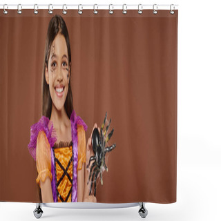 Personality  Joyous Girl In Halloween Costume With Spiderweb Makeup Holding Fake Spider On Brown Backdrop, Banner Shower Curtains