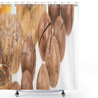 Personality  Close Up View Of Dried Mango Slices, Figs And Macadamia Nuts Isolated On White, Panoramic Shot Shower Curtains