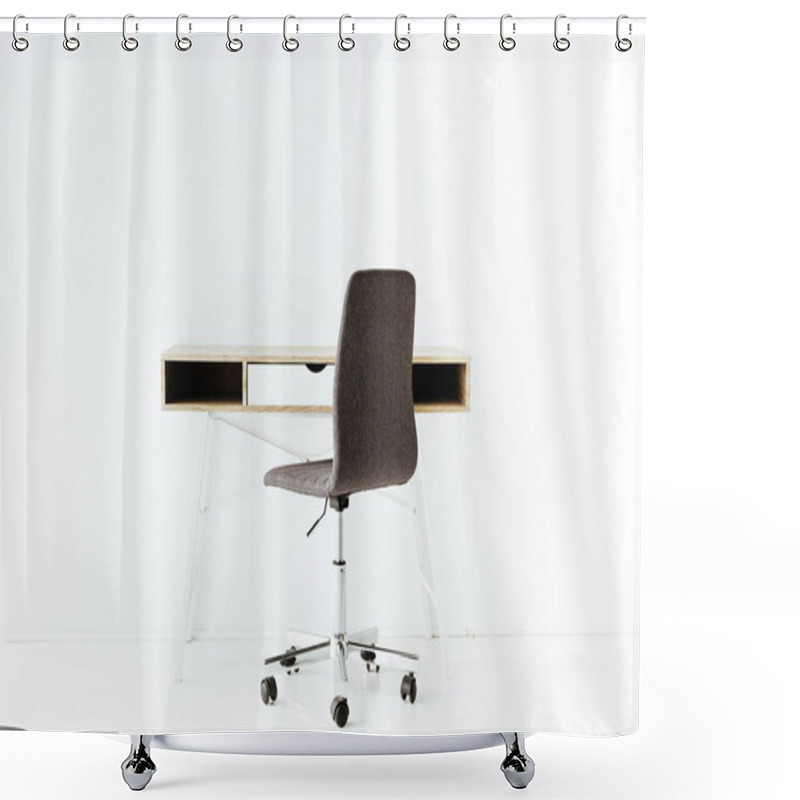 Personality  Stylish Empty Work Table And Wheeled Chair In Front Of White Wall Shower Curtains
