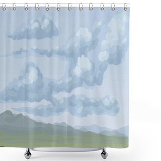 Personality  Cold Flatland Fog Scenery On Gray Heaven Backdrop. Dark Gloomy Blue Color Hand Drawn Gale Rocky Mount Painting Sketch Picture In Art Cartoon Graphic Style. Panoramic Windy View With Copyspace For Text Shower Curtains