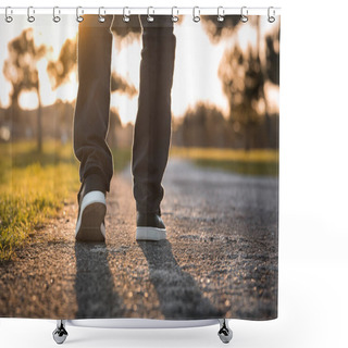 Personality  Man Walking Outdoors In The Park At Sunset. Closeup On Shoe, Taking A Step.  Shower Curtains