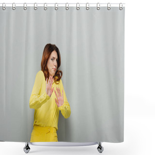 Personality  Young Woman Feeling Disgust And Showing Refuse Gesture On Grey Shower Curtains