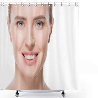 Personality  Smiling Woman With Fresh Clean Skin Isolated On White Shower Curtains