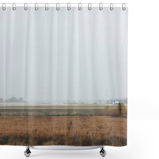 Personality  Airport Runway With Grassy Field And Cloudy Sky Shower Curtains
