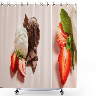 Personality  Collage Of Fresh Tasty White And Chocolate Ice Cream Balls With Mint And Strawberry On Pink Background Shower Curtains