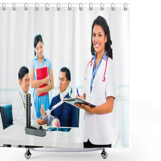 Personality  Asian Doctor Check-up On Patient Shower Curtains
