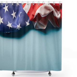 Personality  Close Up View Of Crumpled American Flag On Blue Background With Copy Space Shower Curtains