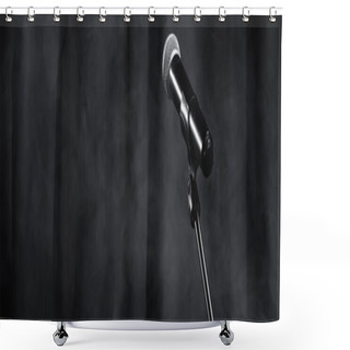 Personality  Microphone On Stand On Black Stage With Curtain And Smoke, Banner Shower Curtains