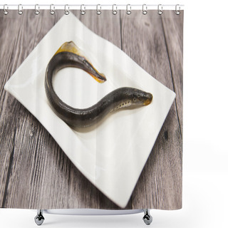 Personality  Fresh Live Fish Lamprey On Porcelain Plate With Lemon. Shower Curtains