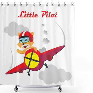Personality  Vector Illustration Of A Cute Little Pilot Flying On A Plane. With Cartoon Style. Creative Vector Childish Background For Fabric, Textile, Nursery Wallpaper, Poster, Card, Brochure. Shower Curtains