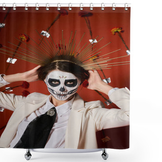 Personality  Woman In Sugar Skull Makeup And White Suit Adjusting Festive Crown On Red Backdrop With Flowers Shower Curtains