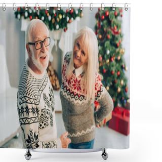 Personality  Selective Focus Of Cheerful Man And Woman Looking At Camera In Room With Christmas Decoration Shower Curtains