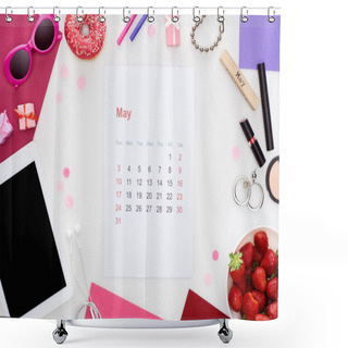 Personality  May Calendar Page, Fresh Strawberry, Sunglasses, Digital Tablet, Wristwatch, Gift Boxes, Cosmetics, Donut, Gouache Paint, Wooden Block With May Inscription Isolated On White Shower Curtains