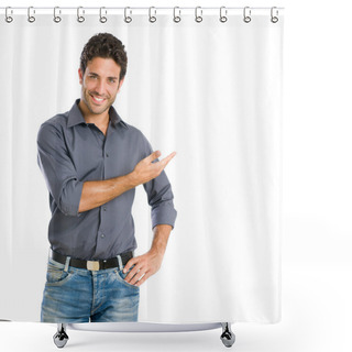 Personality  Smiling Young Man Presenting Product Shower Curtains