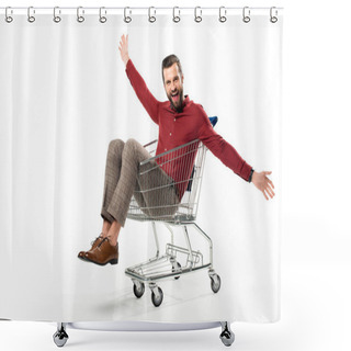 Personality  Cheerful Man Sitting In Shopping Cart Isolated On White Shower Curtains
