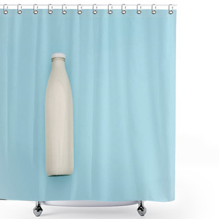Personality  Milk In Glass Bottle On Blue Background With Copy Space. Flat Lay Top View Shower Curtains