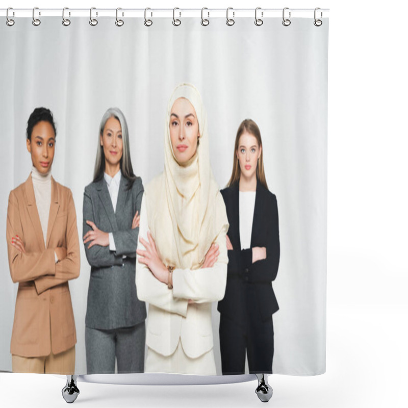 Personality  beautiful multicultural businesswomen standing with crossed arms isolated on white  shower curtains
