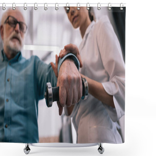 Personality  Close-up View Of Doctor Holding Senior Man Hand With Dumbbell Shower Curtains
