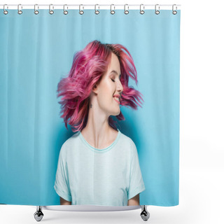 Personality  Young Woman Waving Pink Hair On Blue Background Shower Curtains