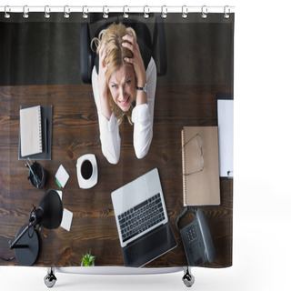 Personality  Overhead View Of Stressed Businesswoman Touching Head With Hands And Looking At Camera In Office Shower Curtains