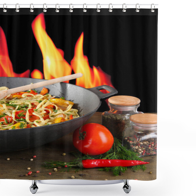 Personality  Noodles With Vegetables On Wok On Fire Background Shower Curtains