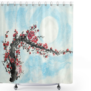 Personality  Plum Branch Under The Snow On A Blue Background Shower Curtains