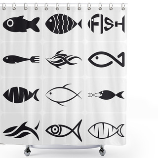 Personality  Set Of Creative Black Fish Icons On White Background Shower Curtains
