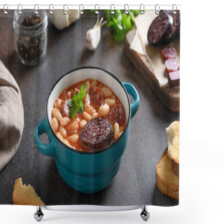 Personality  Spanish Fabada On Brown Table. Copy Space Shower Curtains
