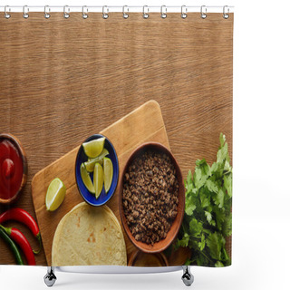 Personality  Top View Of Raw Ingredients For Tacos On Wooden Background Shower Curtains
