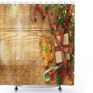 Personality  Christmas Background With Gift Box, Gingerbread Cookies, Branches Of Holly And Fir On Wooden Background. Winter Festive Concept. Flat Lay, Copy Space. Shower Curtains