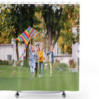 Personality  Smiling Multiethnic Kids Running On Lawn While Playing With Flying Kite In Park  Shower Curtains