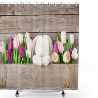 Personality  Colorful Tulips Bouquet And Rabbit Toy In Front Of Wooden Wall. Easter Card. With Space For Your Greetings Shower Curtains