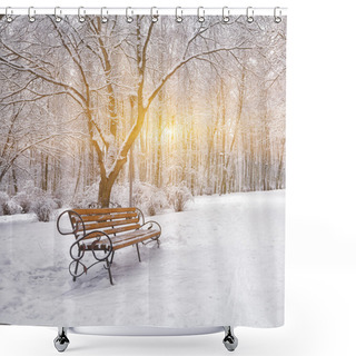 Personality  Snow-covered Trees And Benches In The City Park Shower Curtains