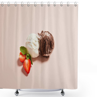 Personality  Top View Of Fresh Tasty White And Chocolate Ice Cream Balls With Mint And Strawberry On Pink Background Shower Curtains